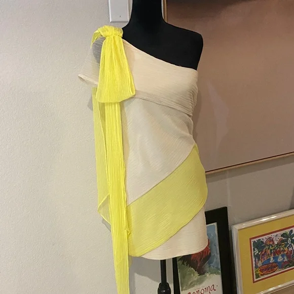 BCBGeneration One Shoulder Dress in Yellow and Cream - Picture 1 of 6